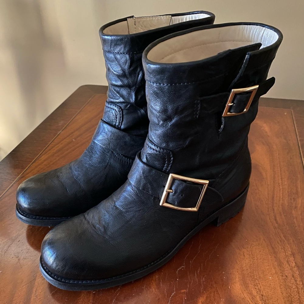 Beautiful Jimmy Choo Women’s “Youth” Short Black Leather Biker Boots 8.5 in Box